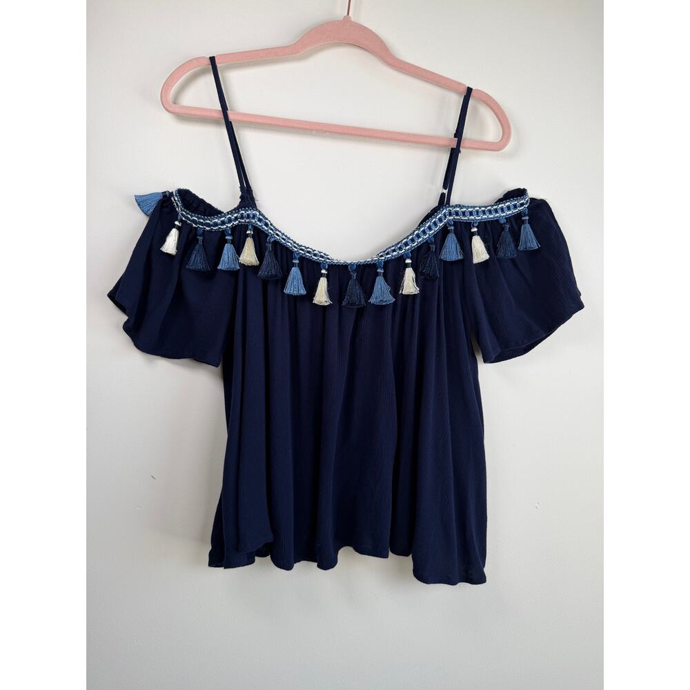 Surf Gypsy Off Shoulder Boho Peasant Top Tassel Trim Navy Blue Medium Festival